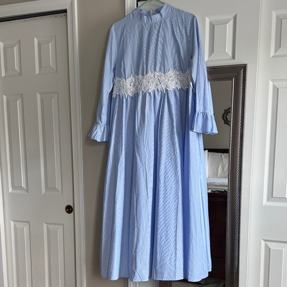 Blue and White Maxi Dress with Lace Detail